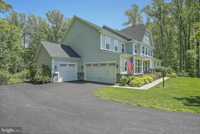 133 Greentree Farm Dr, Dickerson, MD 20842 - view of front facade featuring a front lawn, asphalt driveway, stone siding, and a shingled roof