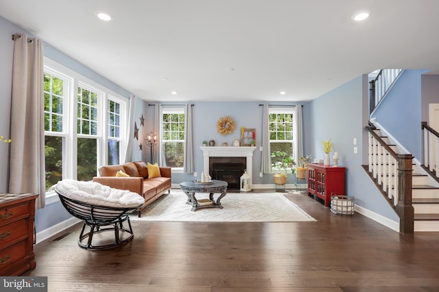 133 Greentree Farm Dr, Dickerson, MD 20842 - living area featuring dark wood-style flooring, baseboards, healthy amount of natural light, recessed lighting, and stairs