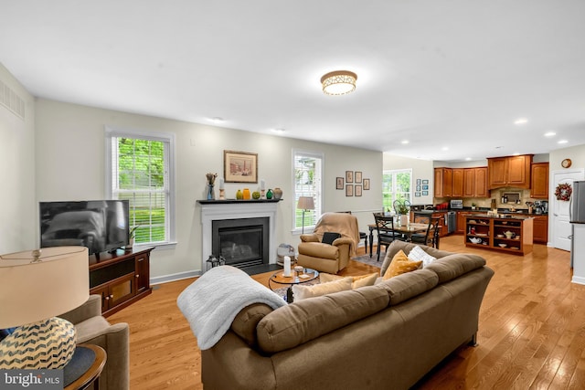 2906 Cornus Way, Joppa, MD 21085 - living room featuring healthy amount of natural light, light wood-type flooring, a fireplace with flush hearth, recessed lighting, and baseboards