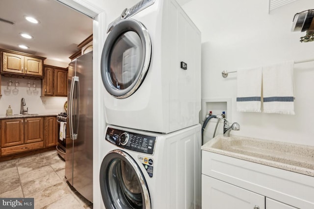 23 Village Ln Building 3 # 23A, Mount Laurel, NJ 08054 - washroom with stacked washer / dryer, recessed lighting, and bar with sink