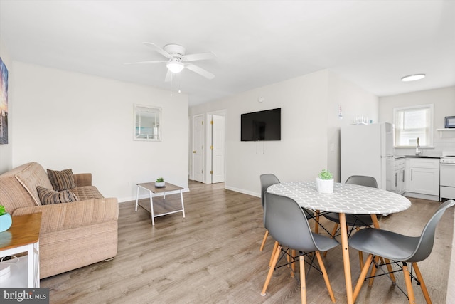 1004 Philadelphia Ave, Ocean City, MD 21842 - dining space with a ceiling fan, light wood-type flooring, and baseboards