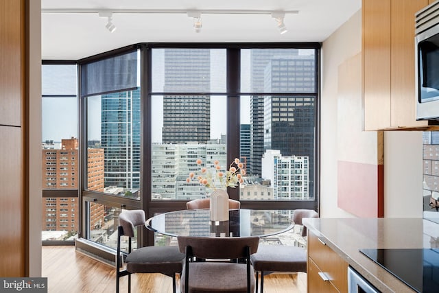 2018 Walnut St Unit 19Gh, Philadelphia, PA 19103 - dining area with expansive windows, rail lighting, a city view, and light wood-type flooring