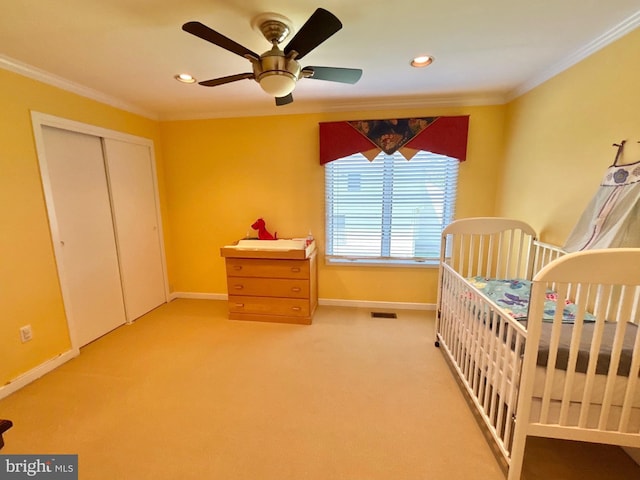 52 Dalton Way, Southampton, PA 18966 - carpeted bedroom with crown molding, a closet, baseboards, recessed lighting, and ceiling fan