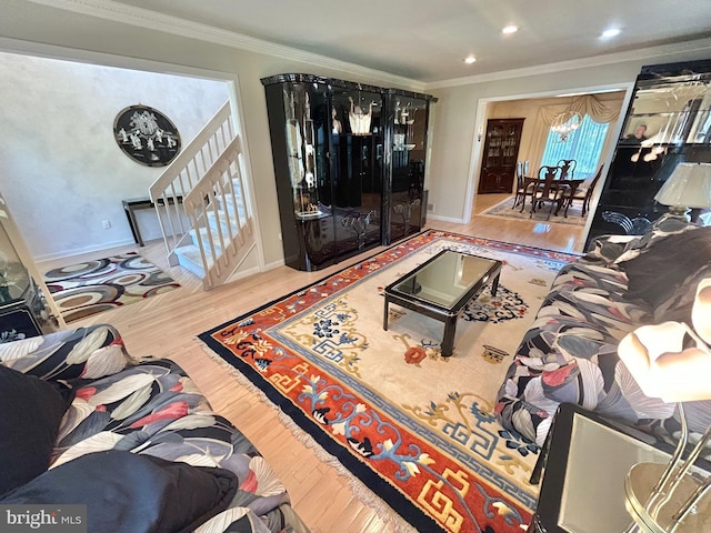 52 Dalton Way, Southampton, PA 18966 - living area with ornamental molding, stairs, wood finished floors, baseboards, and recessed lighting