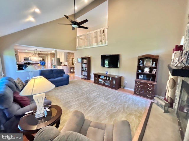 52 Dalton Way, Southampton, PA 18966 - living room featuring ceiling fan, high vaulted ceiling, and baseboards