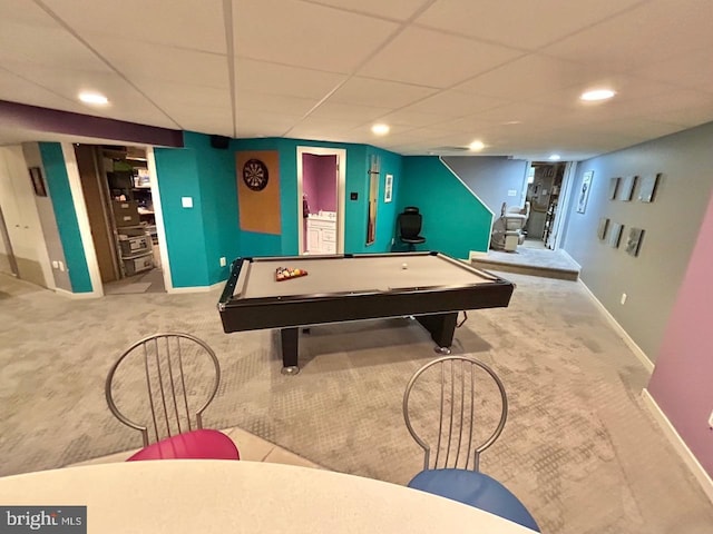 52 Dalton Way, Southampton, PA 18966 - game room featuring carpet flooring, billiards, baseboards, recessed lighting, and a paneled ceiling