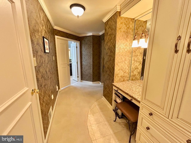 52 Dalton Way, Southampton, PA 18966 - mudroom featuring ornamental molding, built in study area, light carpet, and wallpapered walls