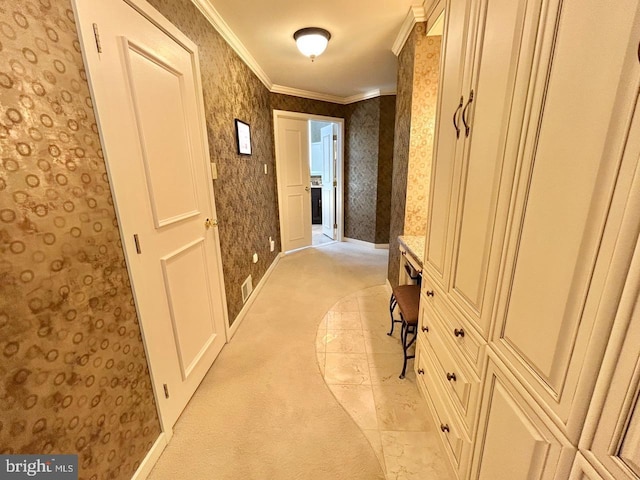 52 Dalton Way, Southampton, PA 18966 - corridor featuring light carpet, ornamental molding, wallpapered walls, and baseboards