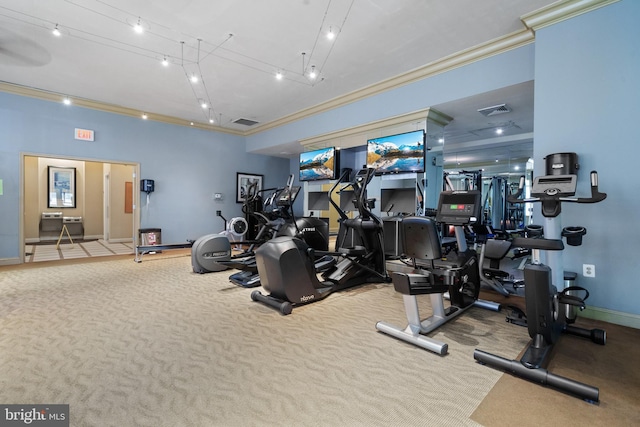 42397 Goldenseal Sq, Brambleton, VA 20148 - workout area with carpet flooring, crown molding, and baseboards