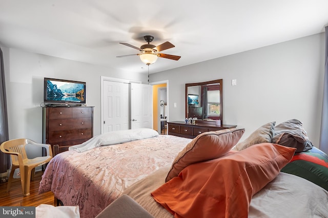 bedroom with wood finished floors, a closet, and a ceiling fan