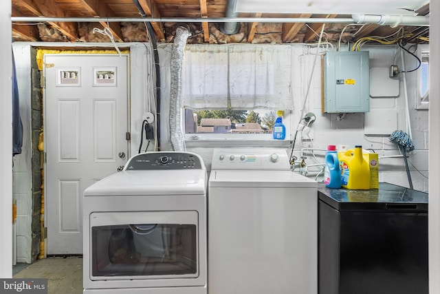 laundry area featuring washing machine and clothes dryer and electric panel