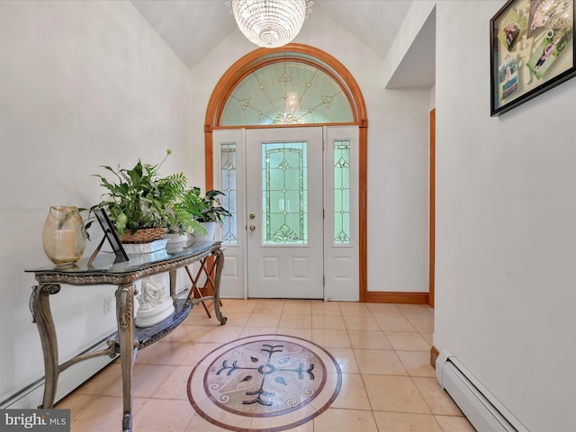 773 S Rte 183, Schuylkill Haven, PA 17972 - entryway featuring a baseboard radiator, vaulted ceiling, light tile patterned floors, a chandelier, and baseboards