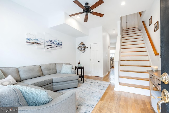 2113 Montrose St, Philadelphia, PA 19146 - living room featuring ceiling fan, stairway, recessed lighting, light wood-style flooring, and baseboards