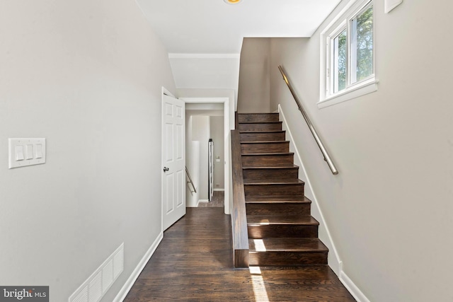 stairs with baseboards and wood finished floors
