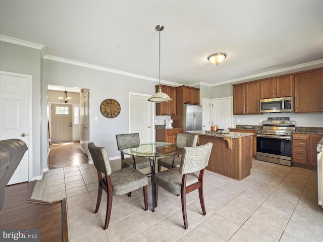 67 Tinning Ct, Hedgesville, WV 25427 - dining space featuring light tile patterned floors, crown molding, a chandelier, and baseboards
