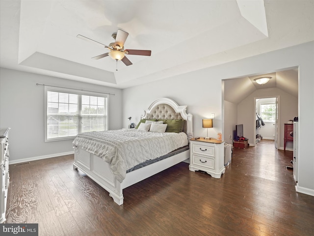 67 Tinning Ct, Hedgesville, WV 25427 - bedroom with a raised ceiling, dark wood-style floors, baseboards, and ceiling fan