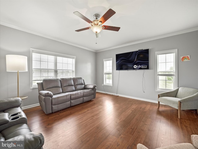 67 Tinning Ct, Hedgesville, WV 25427 - living room featuring a ceiling fan, hardwood / wood-style flooring, baseboards, and crown molding