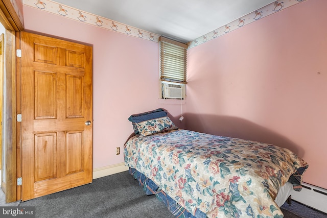 bedroom featuring carpet, cooling unit, baseboard heating, and baseboards