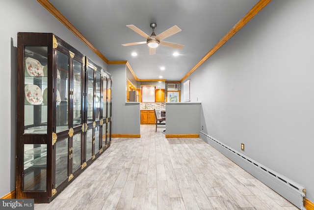 interior space with ornamental molding, a baseboard radiator, ceiling fan, baseboards, and backsplash