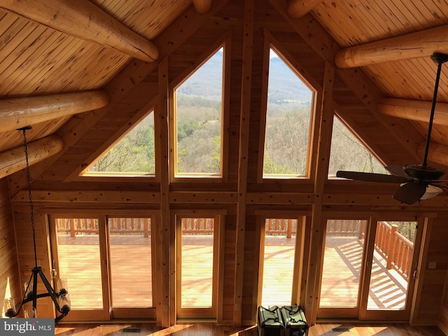 158 Hideaway Ln, Upper Tract, WV 26866 - detailed view of wooden ceiling, beam ceiling, wood walls, and wood finished floors