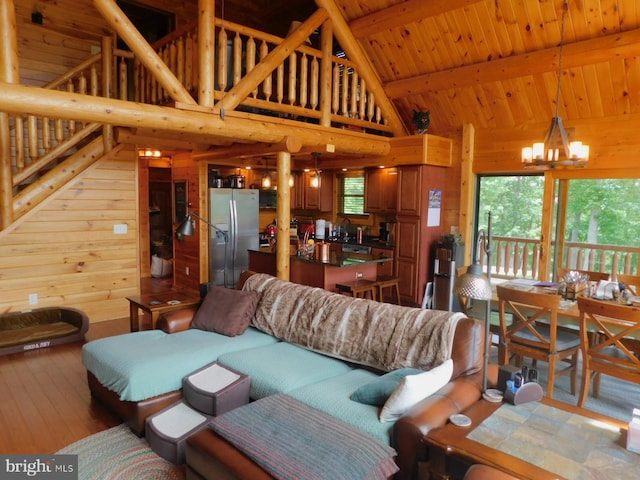 158 Hideaway Ln, Upper Tract, WV 26866 - living room featuring wooden walls, a chandelier, high vaulted ceiling, beamed ceiling, and wooden ceiling