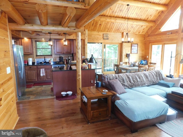 158 Hideaway Ln, Upper Tract, WV 26866 - living area with wooden walls, dark wood-style flooring, wooden ceiling, plenty of natural light, and beam ceiling