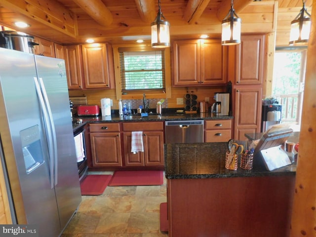 158 Hideaway Ln, Upper Tract, WV 26866 - kitchen with appliances with stainless steel finishes, a sink, beamed ceiling, light stone finish flooring, and decorative light fixtures