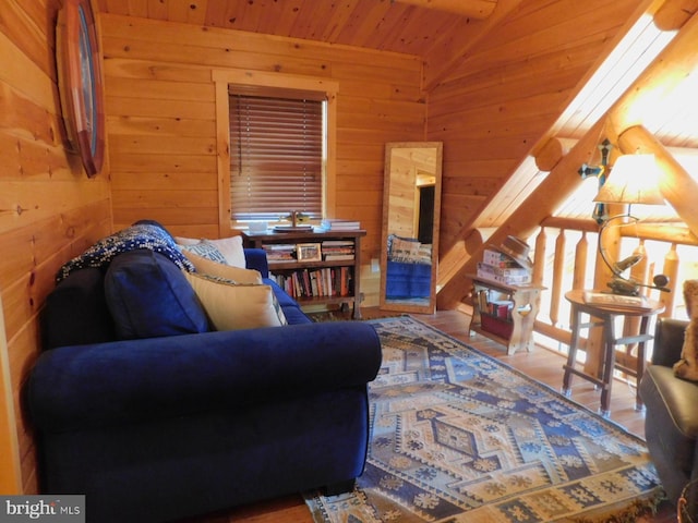 158 Hideaway Ln, Upper Tract, WV 26866 - living area with wood walls, wood ceiling, and lofted ceiling