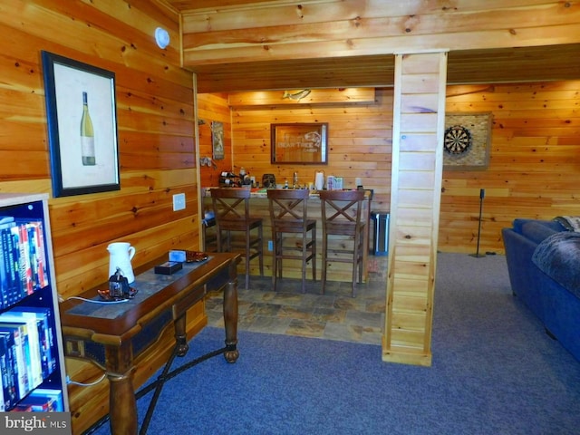 158 Hideaway Ln, Upper Tract, WV 26866 - home office with wooden walls and carpet flooring