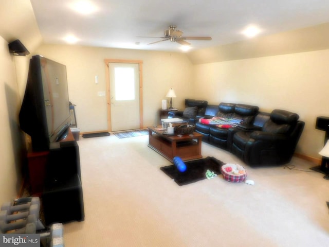 158 Hideaway Ln, Upper Tract, WV 26866 - living room with ceiling fan, carpet flooring, and vaulted ceiling