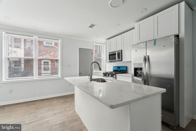 kitchen with a sink, stainless steel appliances, white cabinets, a kitchen island with sink, and light stone counters