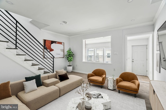 living room with stairway, crown molding, baseboards, and recessed lighting