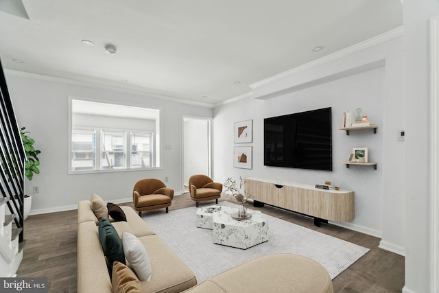 living area featuring dark wood-style floors, ornamental molding, and baseboards