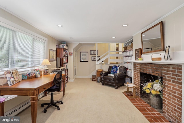 3919 30th St N, Arlington, VA 22207 - home office with ornamental molding, carpet flooring, a baseboard heating unit, recessed lighting, and a fireplace