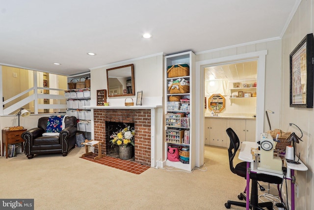 3919 30th St N, Arlington, VA 22207 - living area featuring ornamental molding, carpet flooring, a fireplace, and recessed lighting