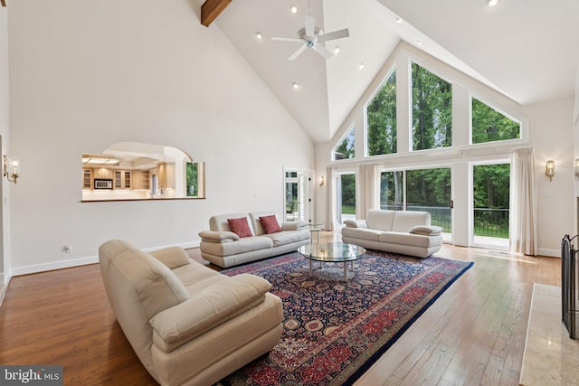 6723 Georgetown Pike, Mclean, VA 22101 - living room featuring high vaulted ceiling, ceiling fan, hardwood / wood-style flooring, beamed ceiling, and recessed lighting