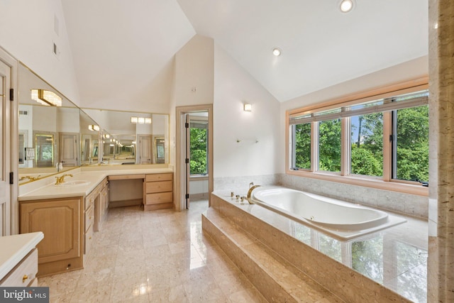 6723 Georgetown Pike, Mclean, VA 22101 - bathroom with vanity, a bath, high vaulted ceiling, and recessed lighting
