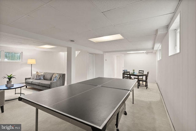 5632 Maxine Ct, Alexandria, VA 22310 - recreation room with light colored carpet, wood walls, and a paneled ceiling