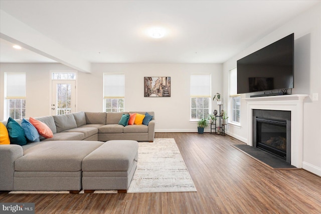 living area featuring wood finished floors, baseboards, recessed lighting, and a glass covered fireplace