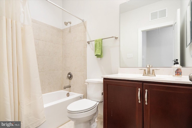 full bathroom with toilet, shower / bath combo with shower curtain, and vanity