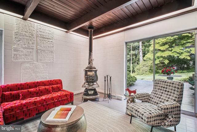 302 Ellsworth Dr, Silver Spring, MD 20910 - living area featuring wood ceiling with exposed beams and baseboard heating