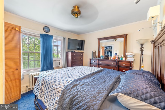 40 Reed Ave, Hamilton, NJ 08610 - bedroom featuring radiator, crown molding, dark carpet, and a ceiling fan