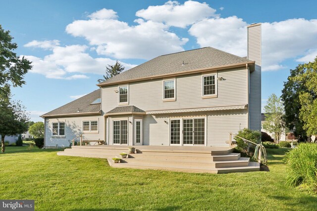 15 Horseshoe Dr, Mount Laurel, NJ 08054 - back of house with a chimney, a lawn, a wooden deck, and a shingled roof