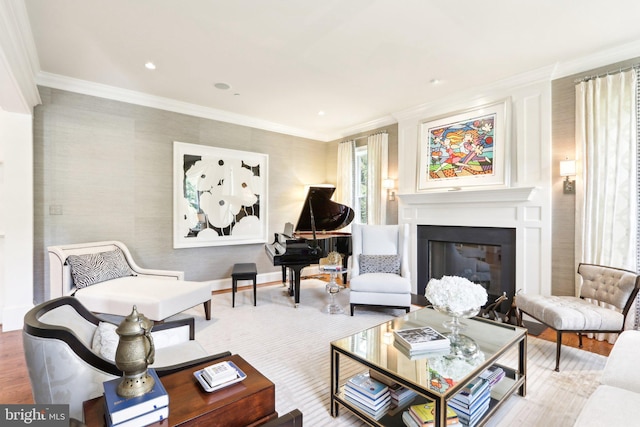 51 Farrier Ln, Newtown Square, PA 19073 - living room with wood finished floors, a fireplace, ornamental molding, and recessed lighting