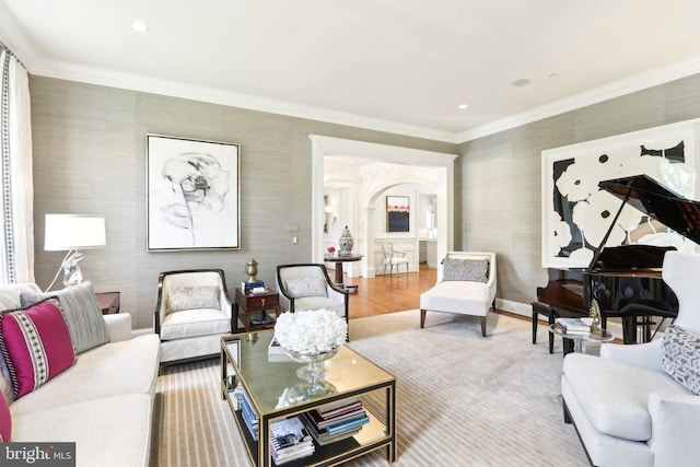 51 Farrier Ln, Newtown Square, PA 19073 - living area with wood finished floors, crown molding, baseboards, recessed lighting, and wallpapered walls
