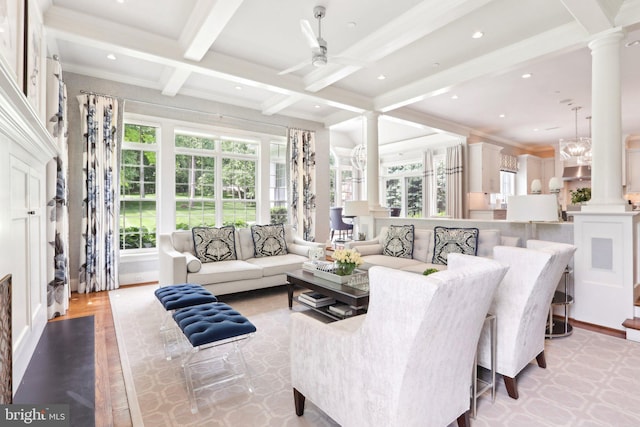 51 Farrier Ln, Newtown Square, PA 19073 - living room featuring decorative columns, beamed ceiling, ceiling fan, coffered ceiling, and recessed lighting