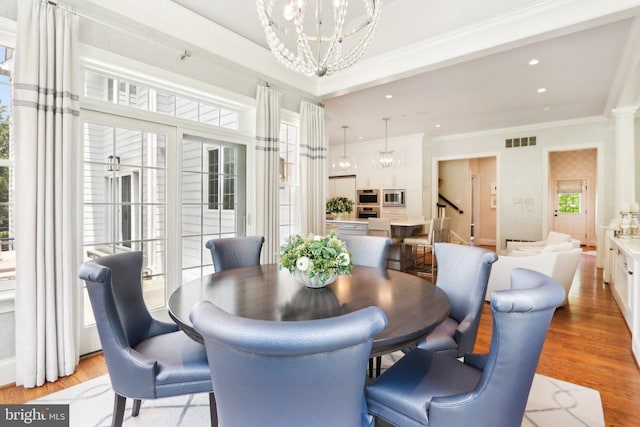 51 Farrier Ln, Newtown Square, PA 19073 - dining space with light wood-type flooring, a chandelier, ornamental molding, and recessed lighting