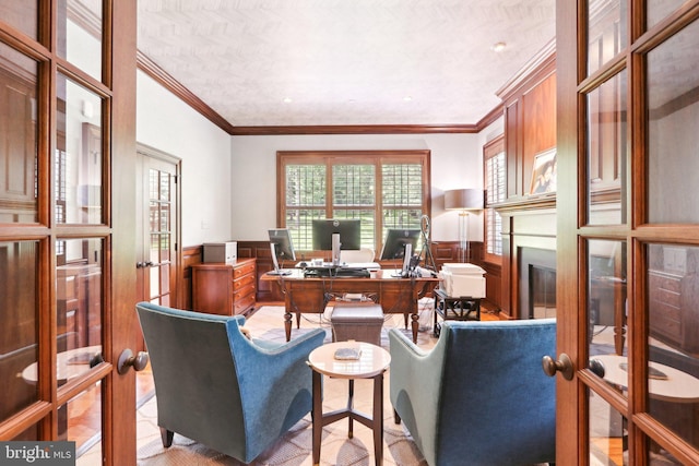 51 Farrier Ln, Newtown Square, PA 19073 - office space featuring french doors, crown molding, wainscoting, and a glass covered fireplace