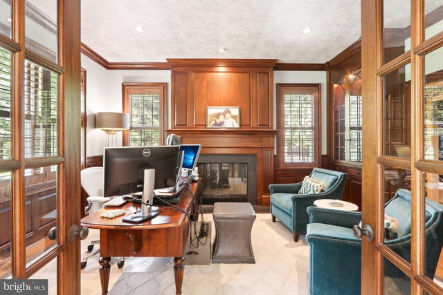 51 Farrier Ln, Newtown Square, PA 19073 - home office with ornamental molding and a glass covered fireplace
