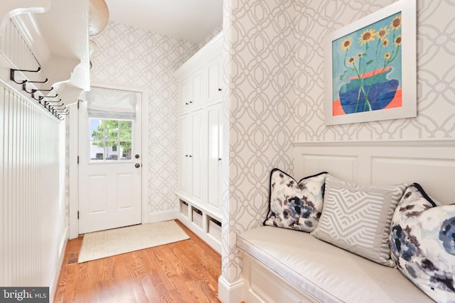51 Farrier Ln, Newtown Square, PA 19073 - mudroom featuring wallpapered walls, light wood-type flooring, and baseboards